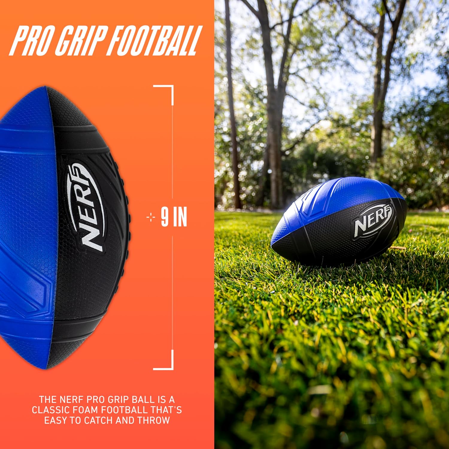 Nerf Pro Grip Football, Blue, Classic Foam Ball, Easy to Catch & Throw, Balls for Kids, Kids Sports Toys, Perfect Easter Basket Stuffers, Great Easter Toys or Easter Gifts for Kids