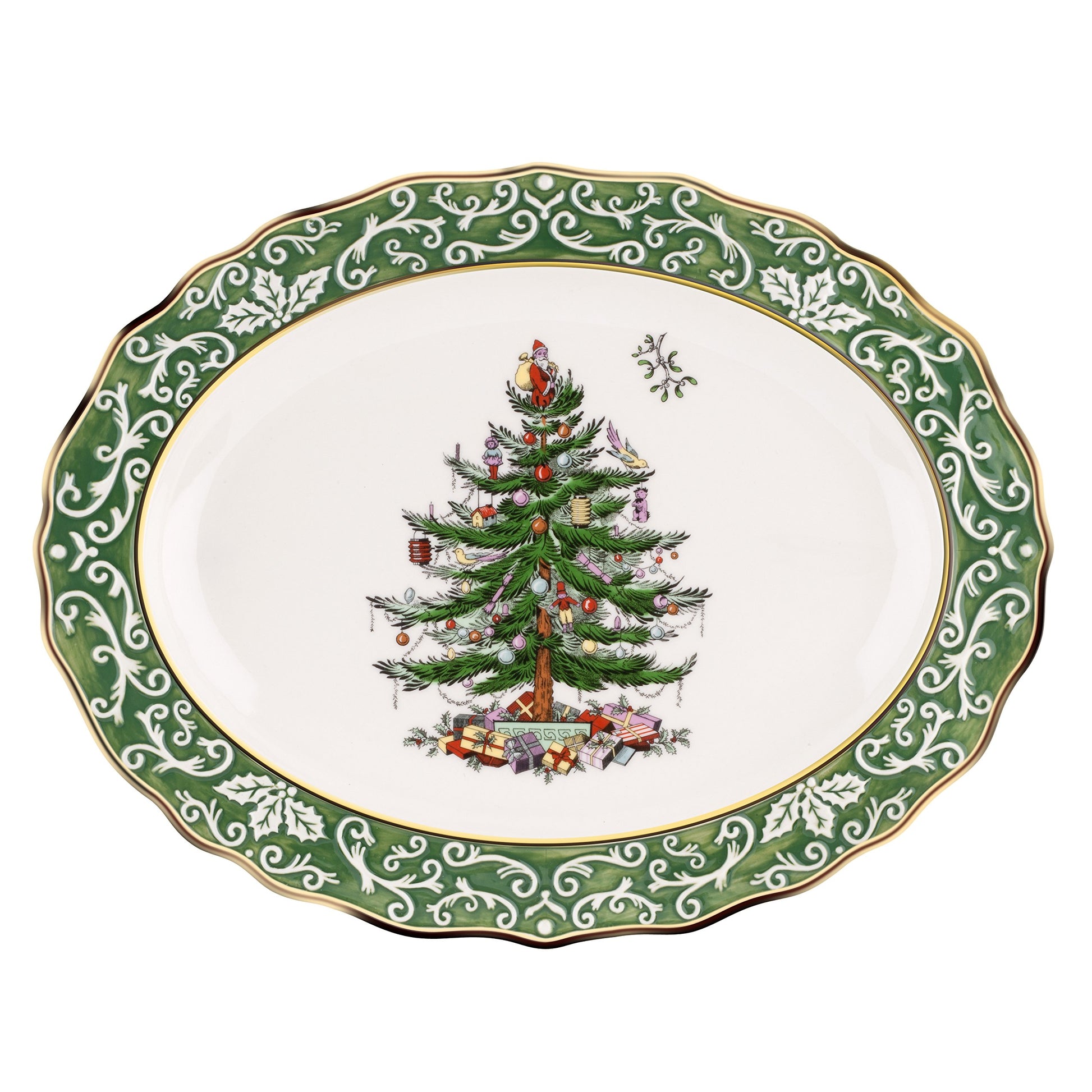 Spode Christmas Tree Ribbons Canape Platter - 6.5-Inch Holiday Serving Plate for Desserts, Appetizers, and Treats - Festive Earthenware Christmas Dinnerware with Gold Accents - Dishwasher Safe