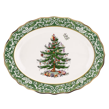 Spode Christmas Tree Ribbons Canape Platter - 6.5-Inch Holiday Serving Plate for Desserts, Appetizers, and Treats - Festive Earthenware Christmas Dinnerware with Gold Accents - Dishwasher Safe
