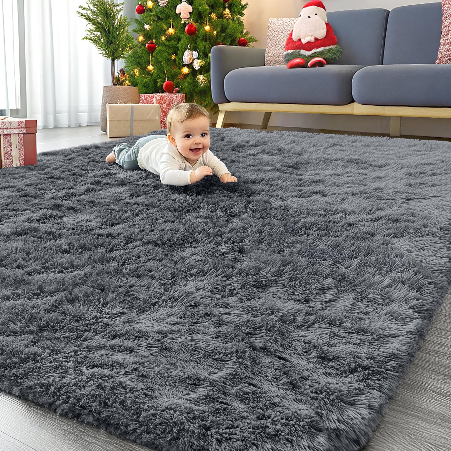 OLANLY Area Rugs for Living Room Bedroom, Machine Washable 4x5.9 ft Soft Fluffy Shaggy Bedside Rug, Indoor Floor Carpet for Kids Girls and Boys, Dorms, Nursery Rooms, Home Decor Aesthetic, Grey