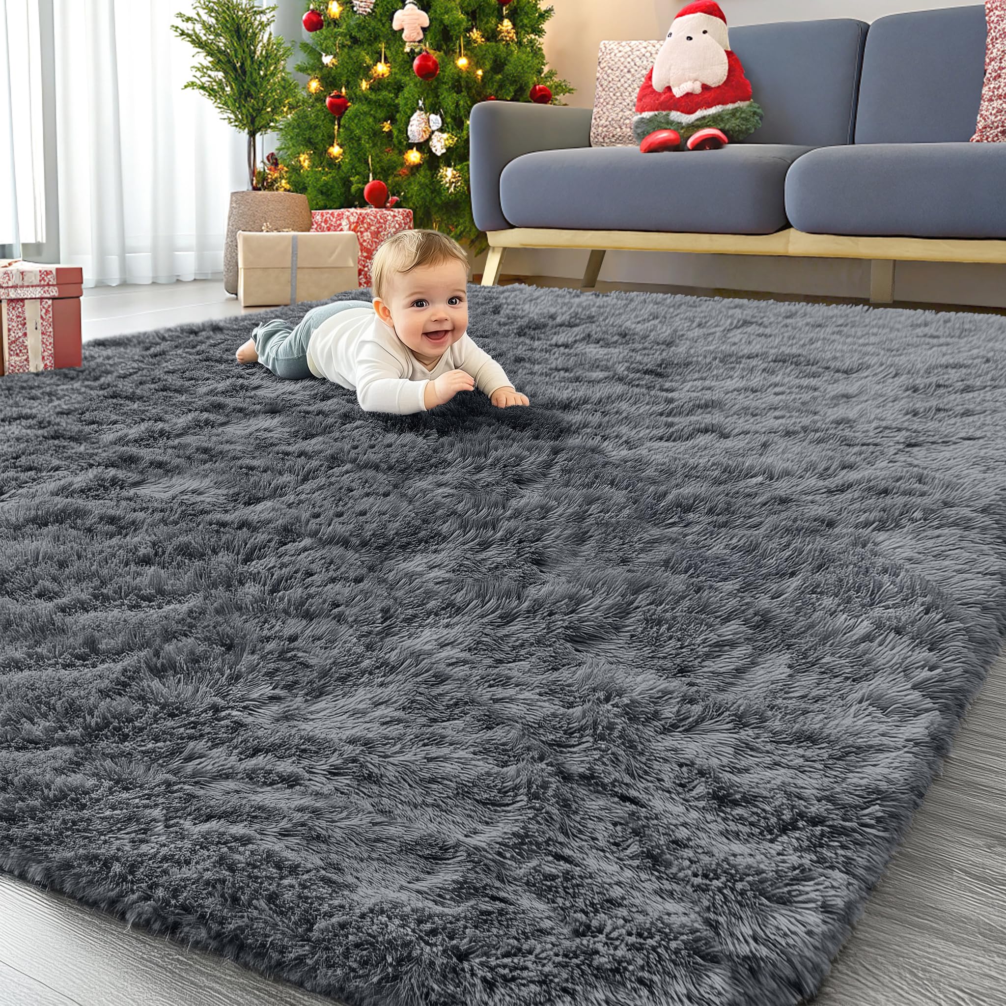 OLANLY Area Rugs for Living Room Bedroom, Machine Washable 4x5.9 ft Soft Fluffy Shaggy Bedside Rug, Indoor Floor Carpet for Kids Girls and Boys, Dorms, Nursery Rooms, Home Decor Aesthetic, Grey