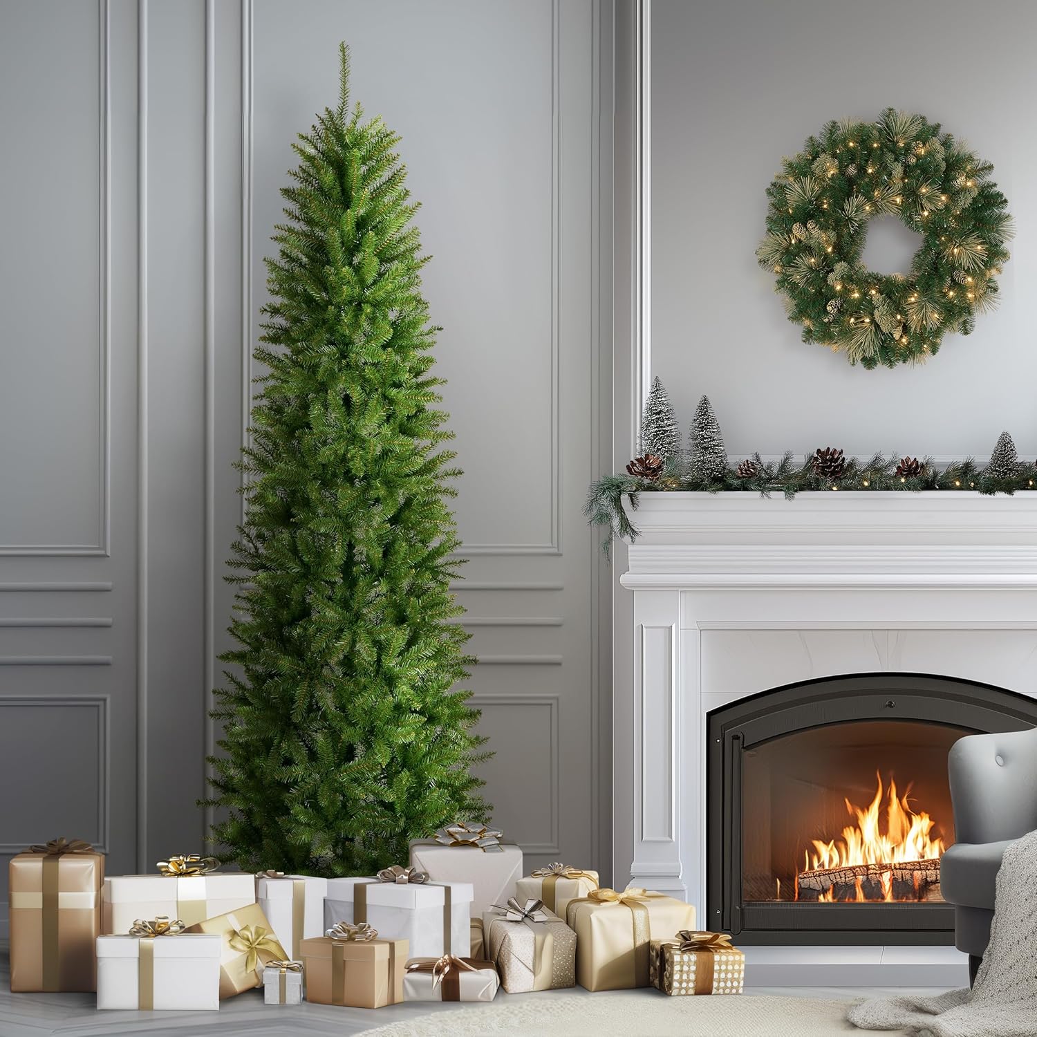 National Tree Company 7.5 ft Unlit Kingswood Fir Slim Artificial Christmas Tree, 1,075 Tips, Includes Stand, Green
