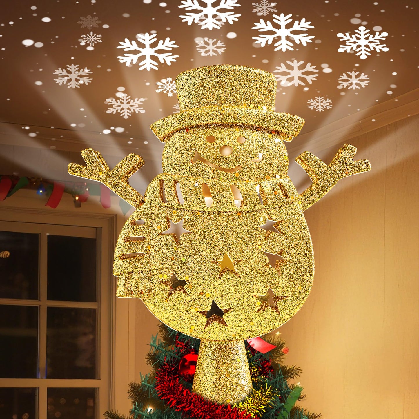 Brightown Christmas Tree Topper with Built-in 3D Glitter Led Snowflake Projector Lights, Gold Hexagonal Snowflake Tree Toppers Christmas Decorations Indoor for Xmas New Year Party Holiday