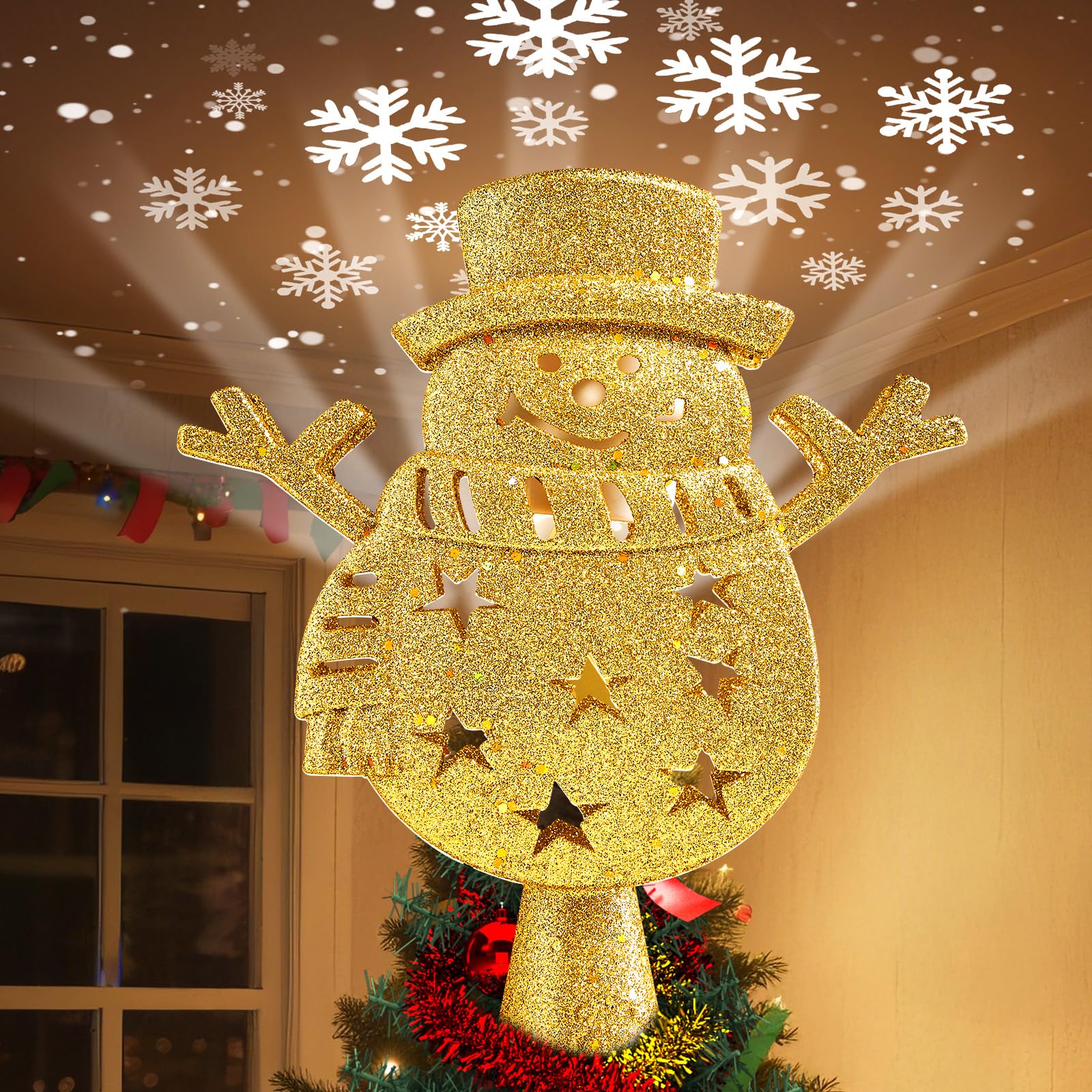 Brightown Christmas Tree Topper with Built-in 3D Glitter Led Snowflake Projector Lights, Gold Hexagonal Snowflake Tree Toppers Christmas Decorations Indoor for Xmas New Year Party Holiday