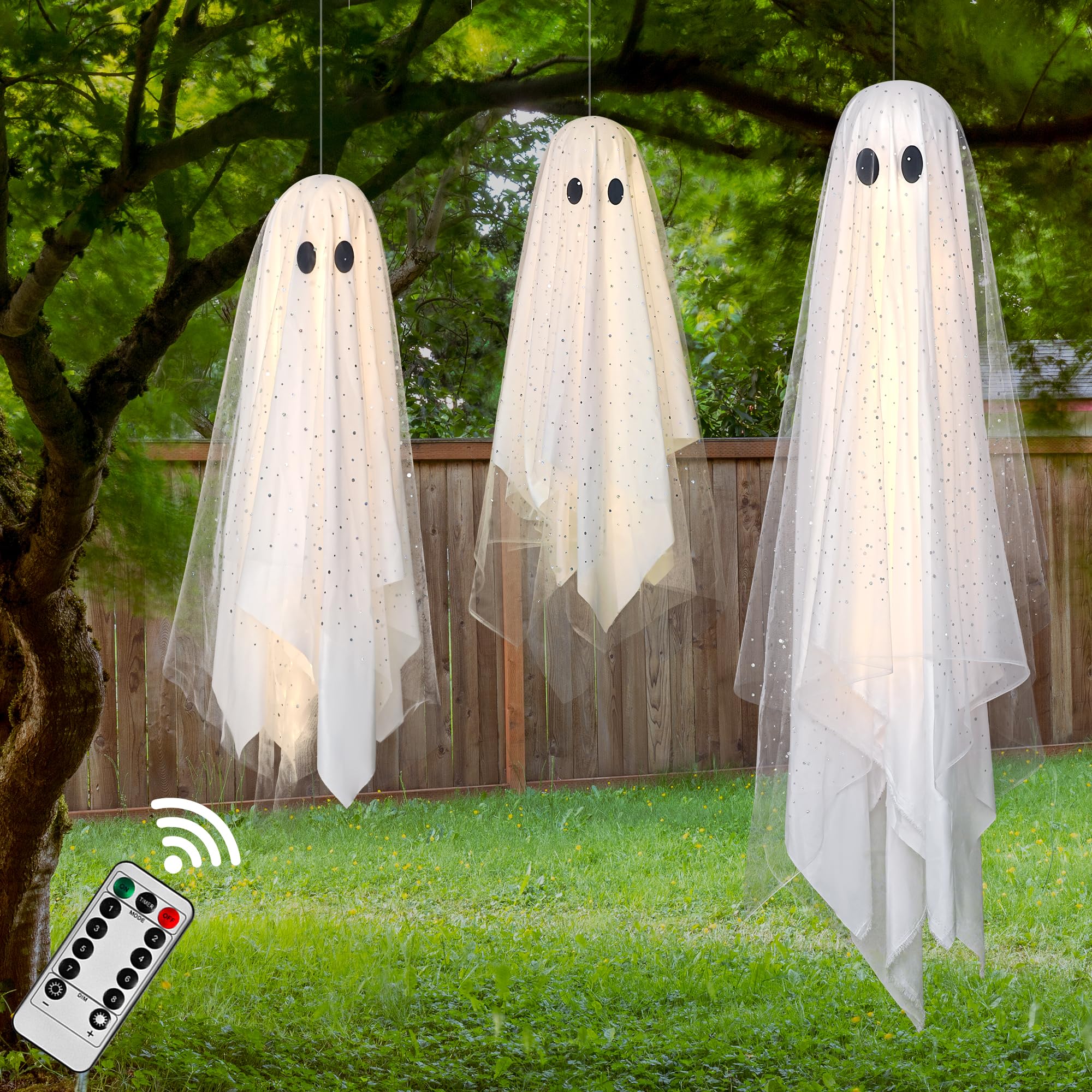 AYGXU 2pcs Halloween Decorations Indoor,Ghost Decor with String Lights Remote Control,Halloween Party Decorations,Spooky Ghost Light for Home Table Room Kitchen Office