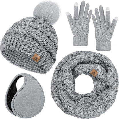 Winter Hat Scarf Gloves and Ear Warmer, Warm Knit Beanie Hat Touch Screen Gloves Set Winter Gifts Neck Scarves for Women