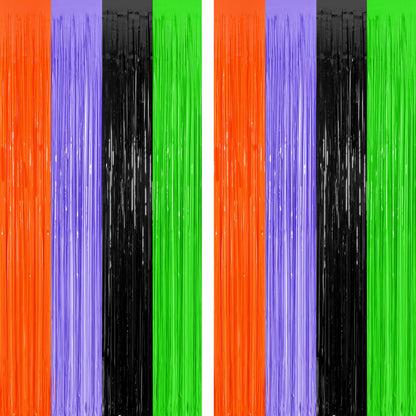 2 Pack Halloween Backdrop, 3.28 FT x 7.05 FT Foil Fringe Curtains, Orange Purple Black Party Streamer Tinsel Backdrop Curtains, Halloween Decorations Door Decor Photo Props Party Supplies