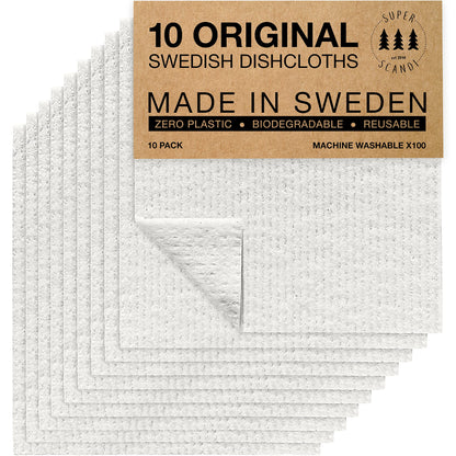 SUPERSCANDI 10 Pack Swedish Dishcloths for Kitchen - 100% Biodegradable & Compostable Reusable Paper Towels Washable, Food-Safe & Without Plastic - Dish Rags Suitable for Any Surface, Grey