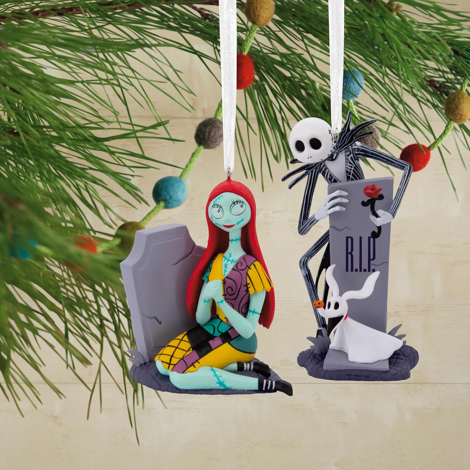 Hallmark Disney Tim Burton's The Nightmare Before Christmas Jack and Sally with Tombstones Christmas Ornaments, Set of 2