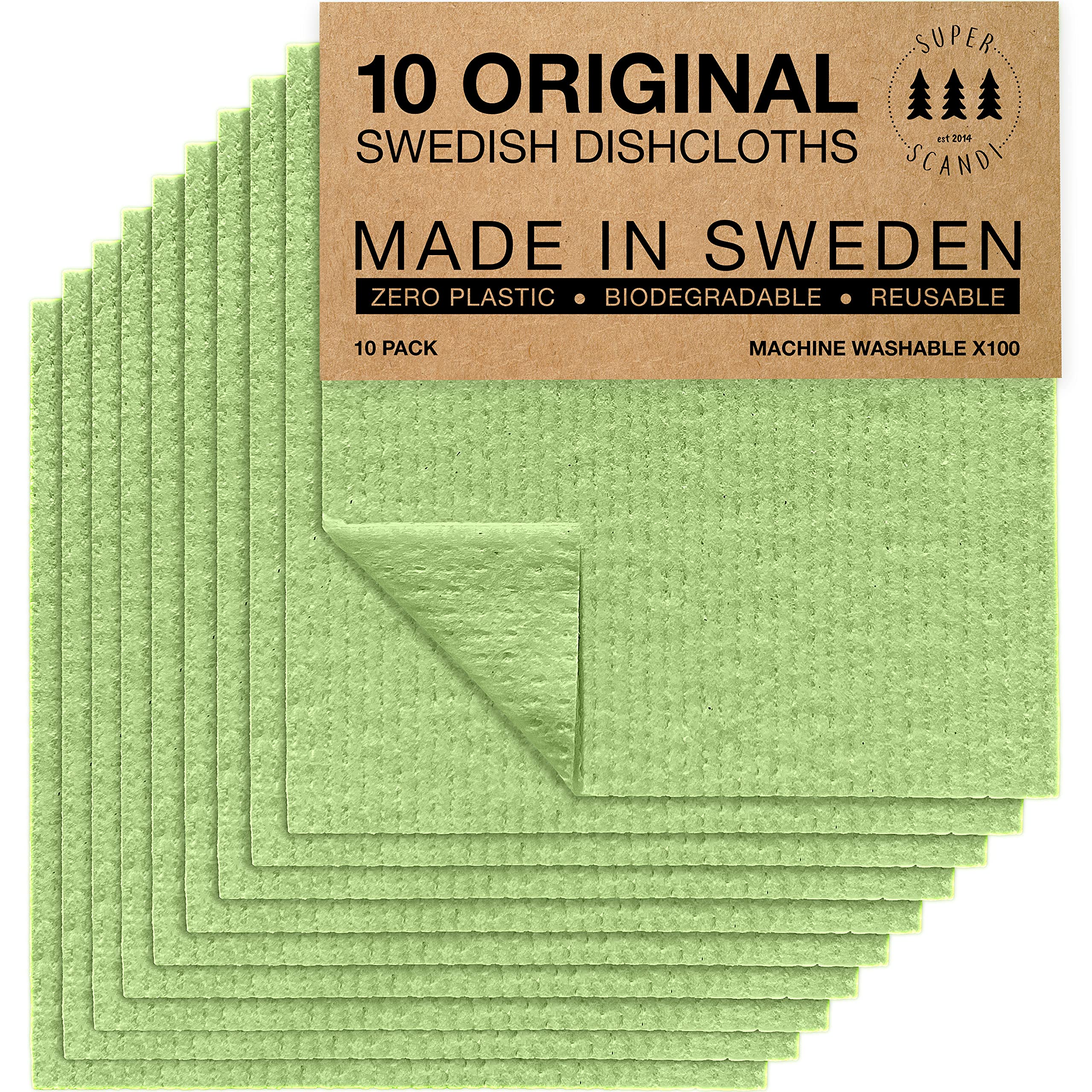 SUPERSCANDI 10 Pack Swedish Dishcloths for Kitchen - 100% Biodegradable & Compostable Reusable Paper Towels Washable, Food-Safe & Without Plastic - Dish Rags Suitable for Any Surface, Grey