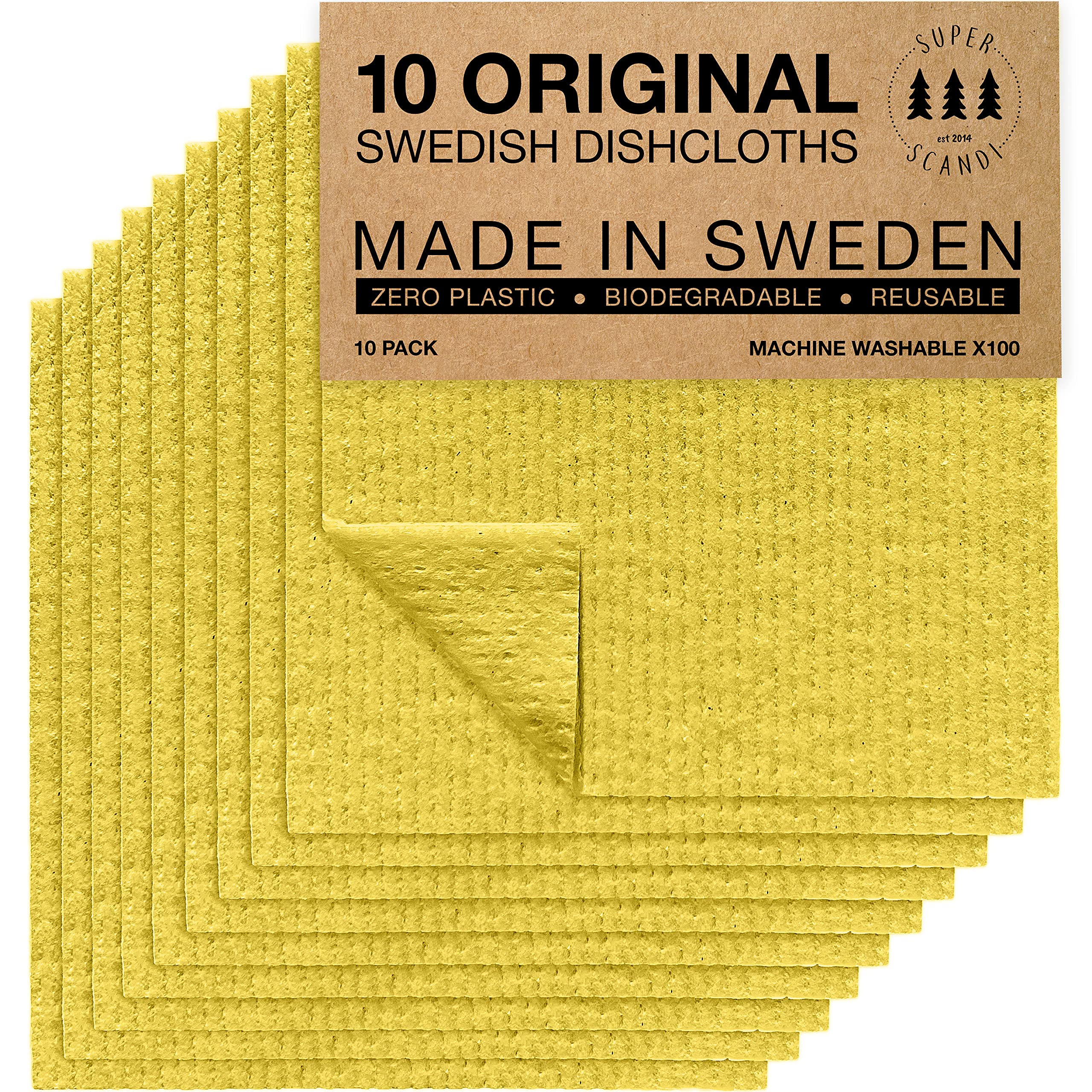 SUPERSCANDI 10 Pack Swedish Dishcloths for Kitchen - 100% Biodegradable & Compostable Reusable Paper Towels Washable, Food-Safe & Without Plastic - Dish Rags Suitable for Any Surface, Grey