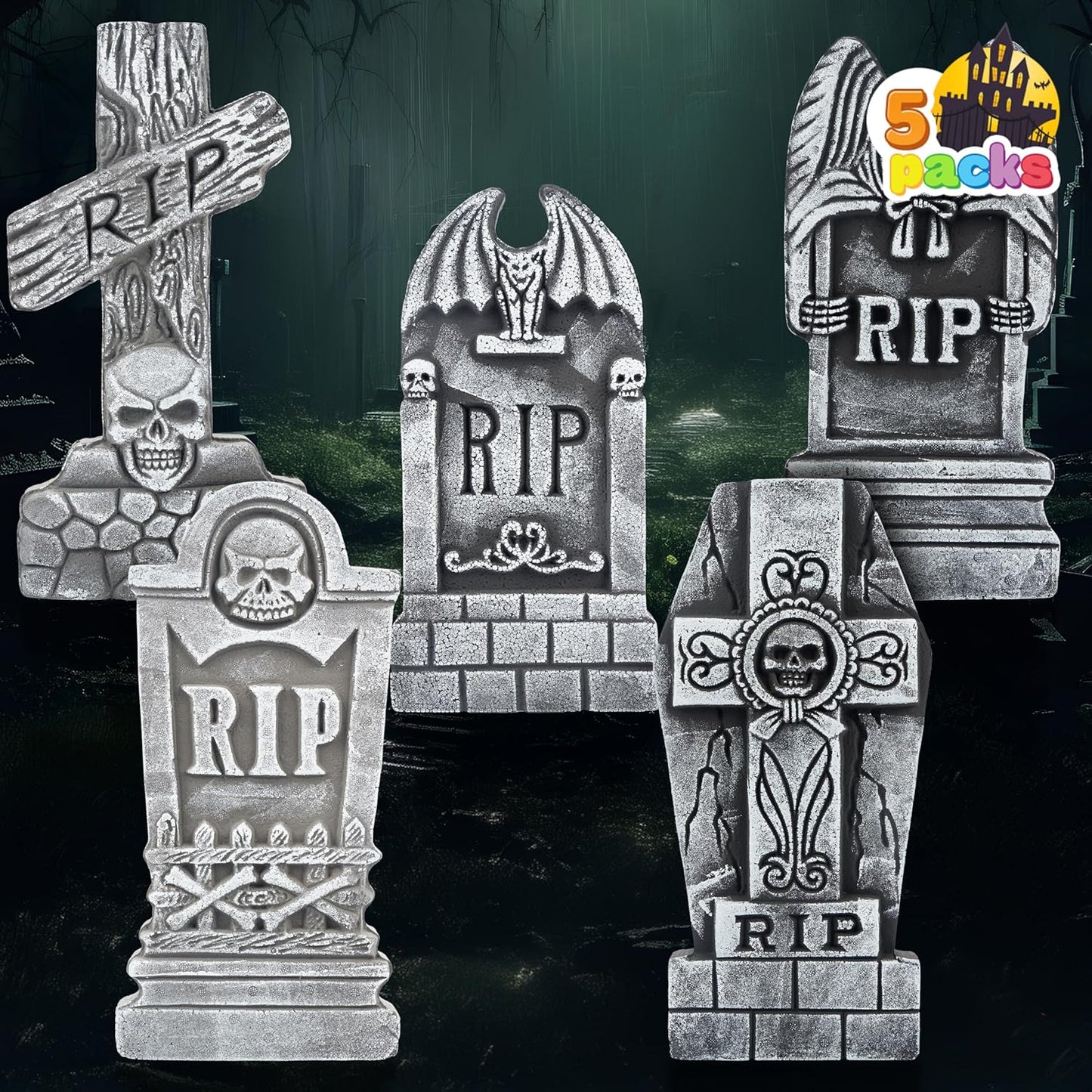 JOYIN 17” Halloween Foam RIP Graveyard Tombstones (5 Pack), Halloween Tombstones Decorations Outdoor for Graves with 12 Metal Stakes for Cemetery Yard Lawn Party Decor