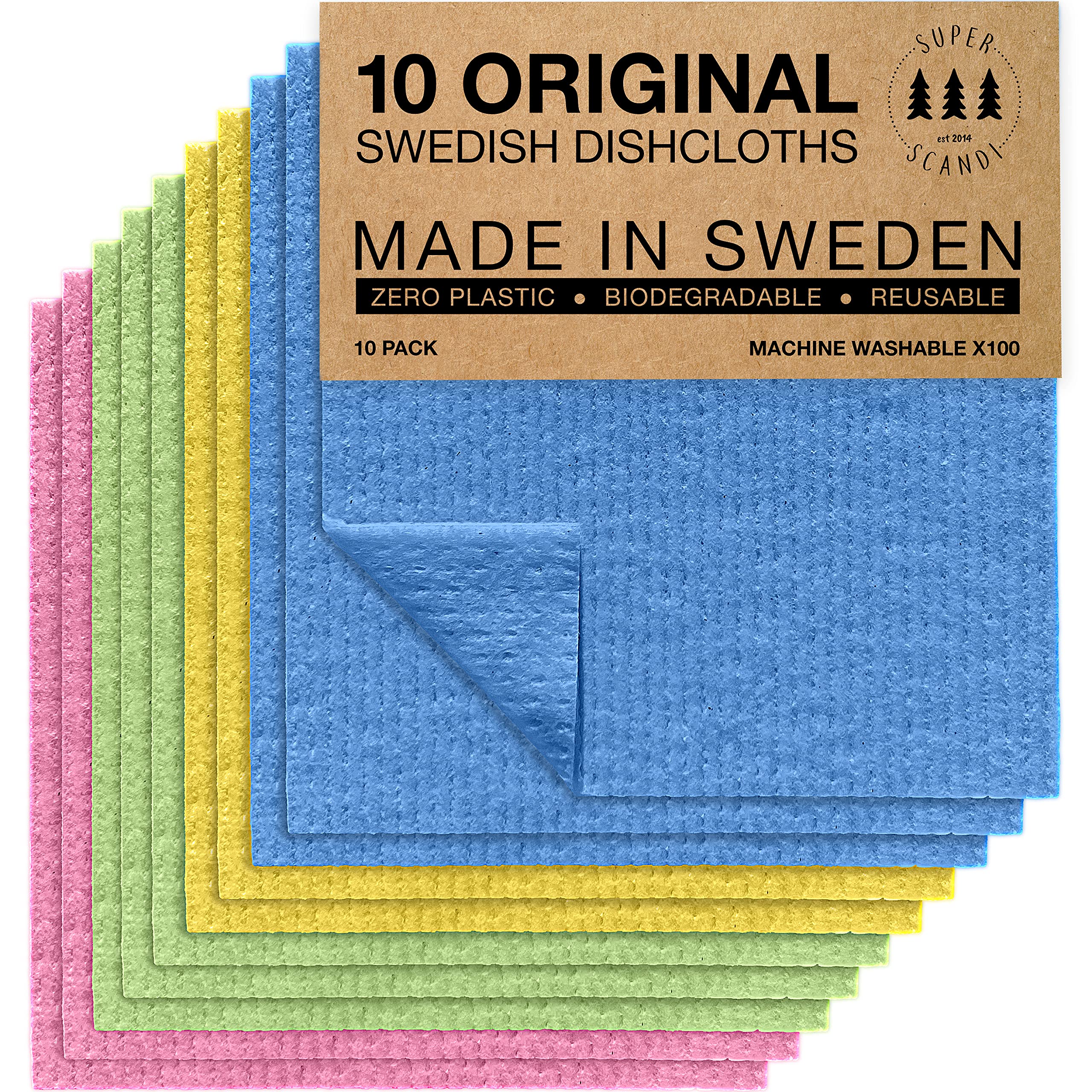 SUPERSCANDI 10 Pack Swedish Dishcloths for Kitchen - 100% Biodegradable & Compostable Reusable Paper Towels Washable, Food-Safe & Without Plastic - Dish Rags Suitable for Any Surface, Grey