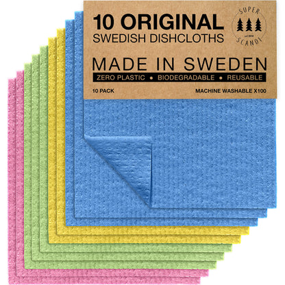 SUPERSCANDI 10 Pack Swedish Dishcloths for Kitchen - 100% Biodegradable & Compostable Reusable Paper Towels Washable, Food-Safe & Without Plastic - Dish Rags Suitable for Any Surface, Grey