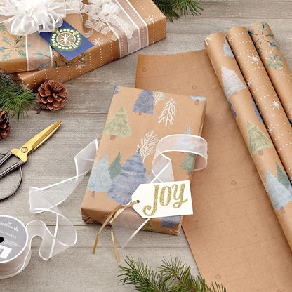 Hallmark Christmas Wrapping Paper Rolls, Brown Kraft Snowflakes, Blue and Green Foliage, Trees Gift Wrap (Pack of 3: 90 sq. ft. ttl.) for Holiday Parties, Winter Weddings, Birthdays