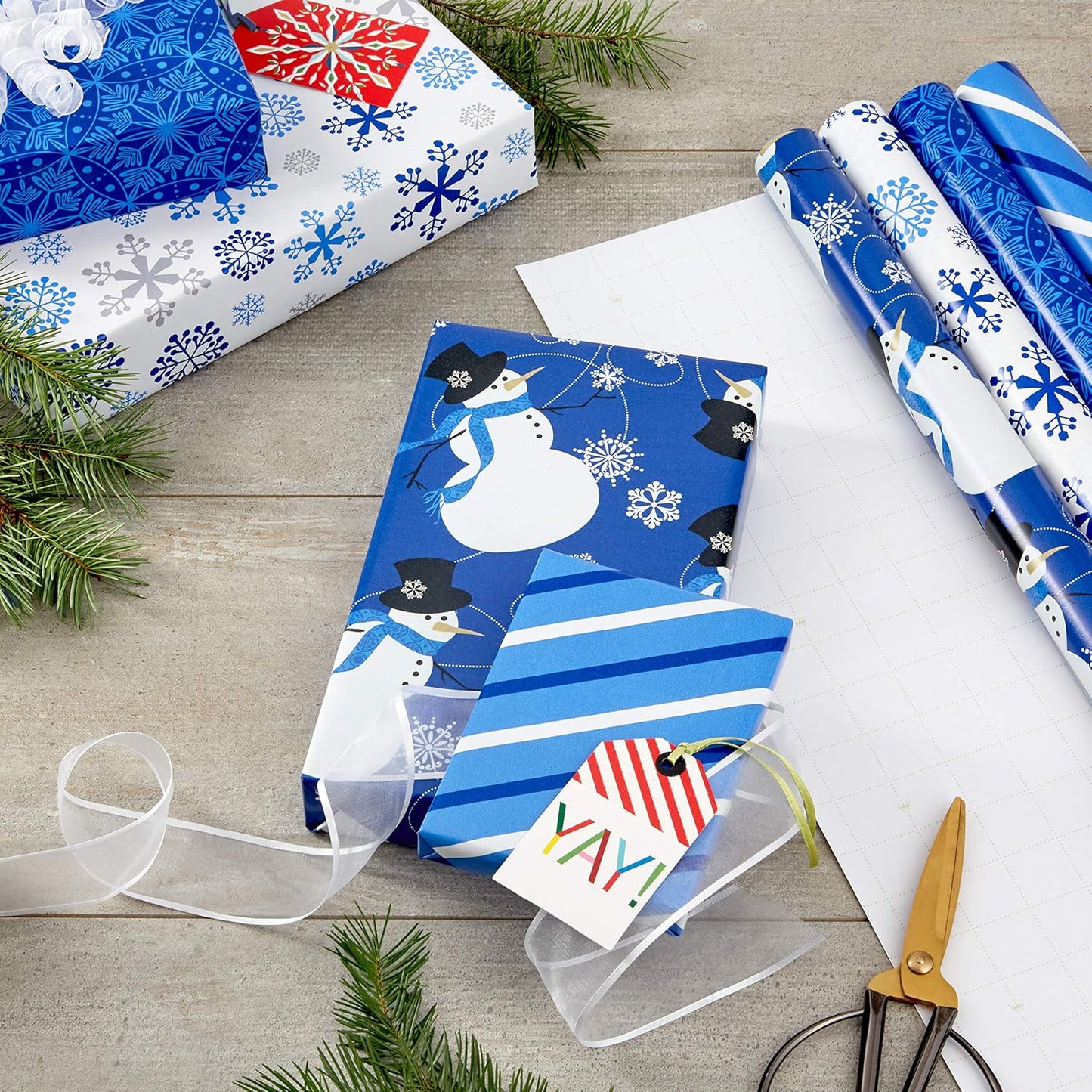 Image Arts Blue Christmas Wrapping Paper with Cut Lines on Reverse (4 Rolls: 120 sq. ft. ttl) Snowmen, Snowflakes, Blue and White Stripes