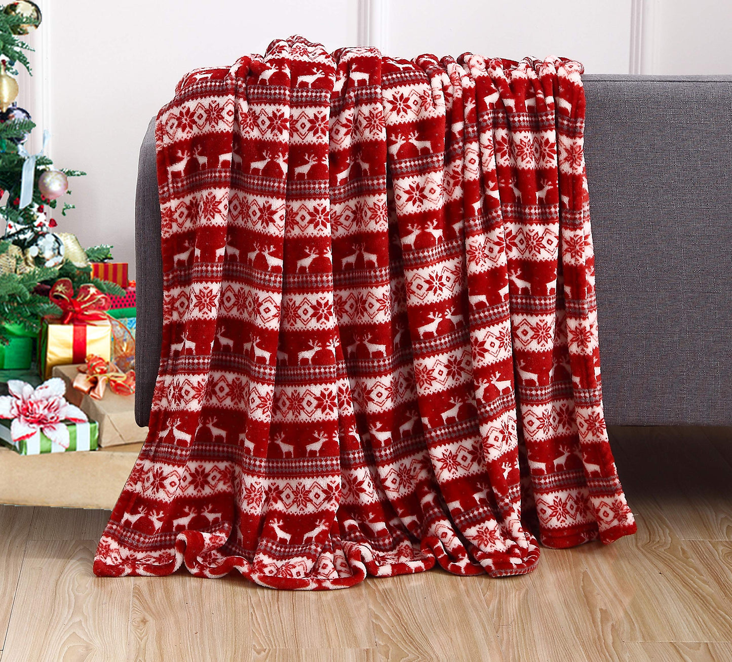 Elegant Comfort Luxury Velvet Super Soft Christmas Prints Fleece Blanket-Holiday Theme Home Décor Fuzzy Warm and Cozy Throws for Winter Bedding, Couch and Gift, 50 x 60 inch, Burgundy Reindeer