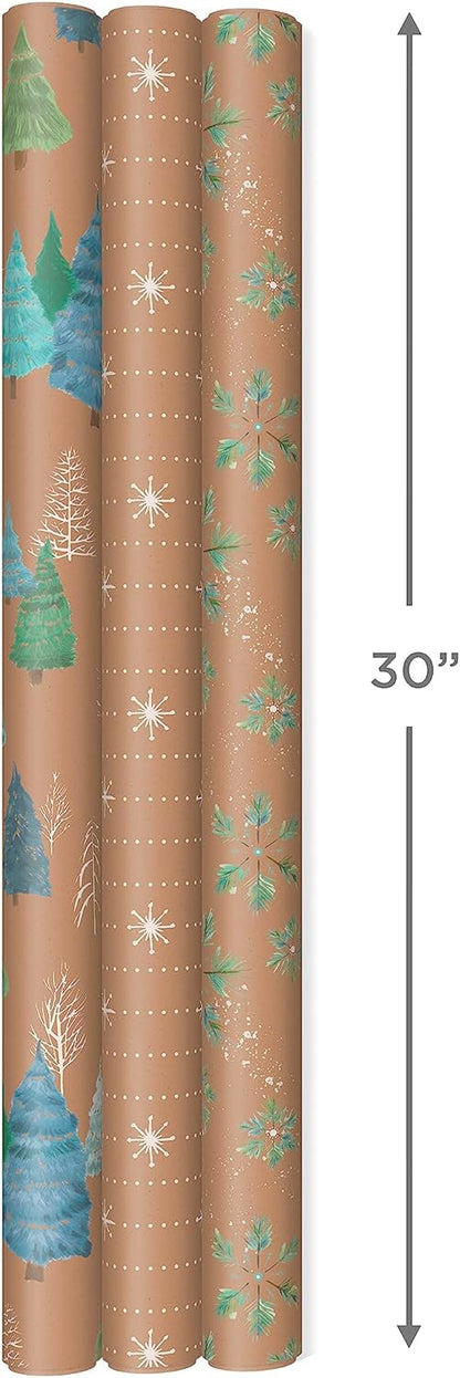 Hallmark Christmas Wrapping Paper Rolls, Brown Kraft Snowflakes, Blue and Green Foliage, Trees Gift Wrap (Pack of 3: 90 sq. ft. ttl.) for Holiday Parties, Winter Weddings, Birthdays