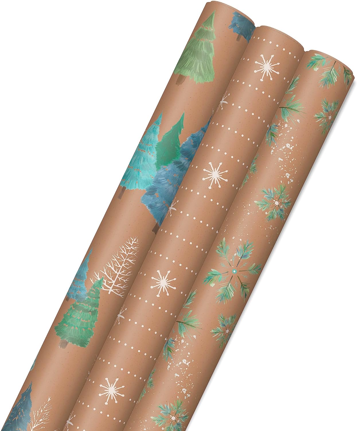 Hallmark Christmas Wrapping Paper Rolls, Brown Kraft Snowflakes, Blue and Green Foliage, Trees Gift Wrap (Pack of 3: 90 sq. ft. ttl.) for Holiday Parties, Winter Weddings, Birthdays
