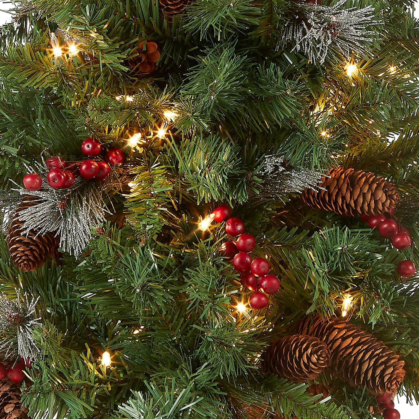 National Tree Company 4 ft Pre-Lit Crestwood Spruce Mini Artificial Christmas Entrance Tree, 100 Clear Lights, 230 Tips, Glitter, Pinecones, Red Berries, Gold Rubbed Pedestal Base, Green