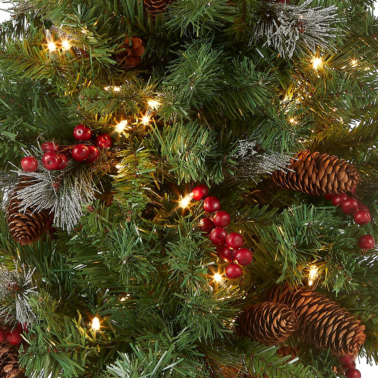National Tree Company 4 ft Pre-Lit Crestwood Spruce Mini Artificial Christmas Entrance Tree, 100 Clear Lights, 230 Tips, Glitter, Pinecones, Red Berries, Gold Rubbed Pedestal Base, Green