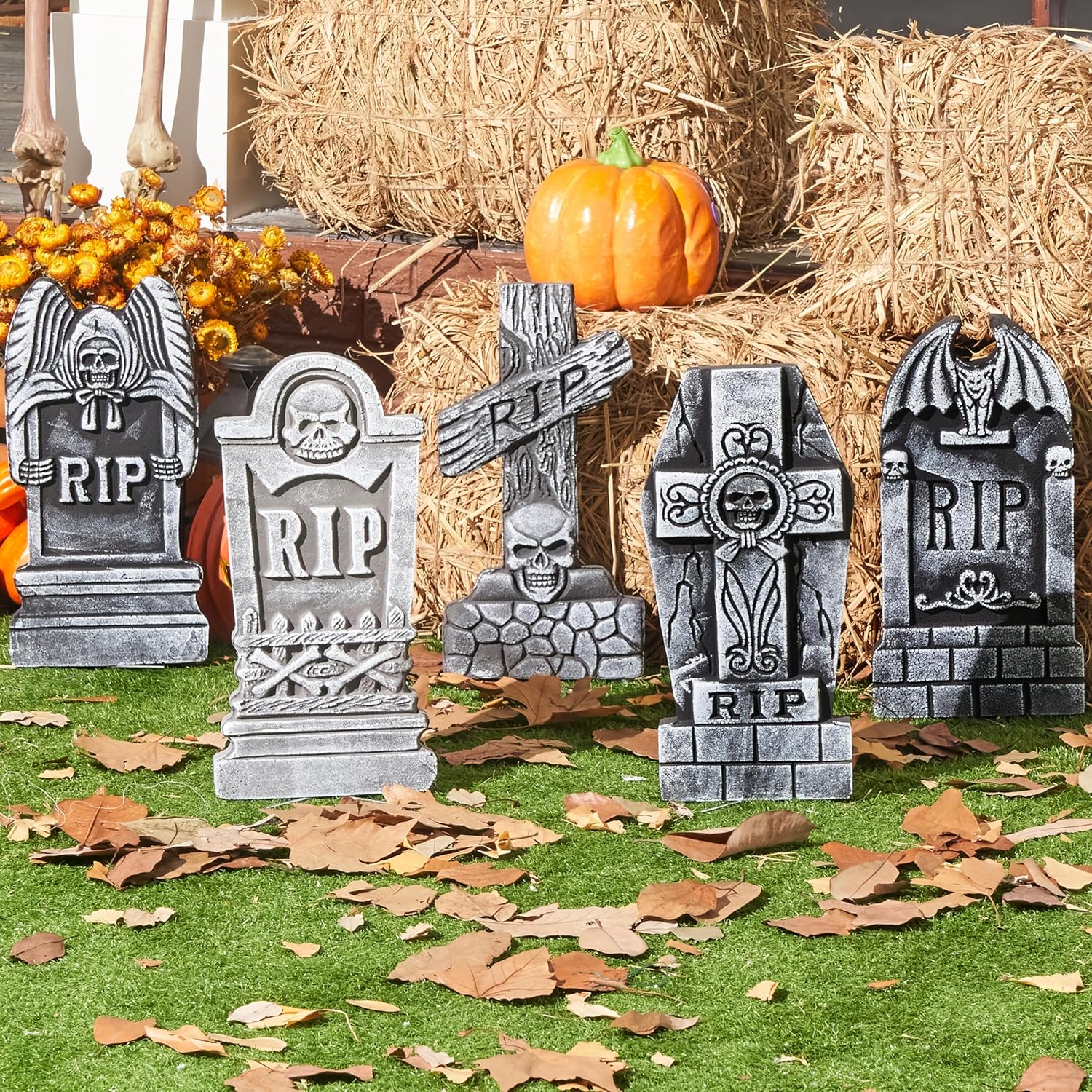 JOYIN 17” Halloween Foam RIP Graveyard Tombstones (5 Pack), Halloween Tombstones Decorations Outdoor for Graves with 12 Metal Stakes for Cemetery Yard Lawn Party Decor