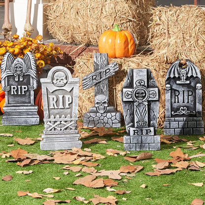 JOYIN 17” Halloween Foam RIP Graveyard Tombstones (5 Pack), Halloween Tombstones Decorations Outdoor for Graves with 12 Metal Stakes for Cemetery Yard Lawn Party Decor