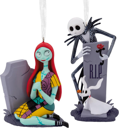Hallmark Disney Tim Burton's The Nightmare Before Christmas Jack and Sally with Tombstones Christmas Ornaments, Set of 2