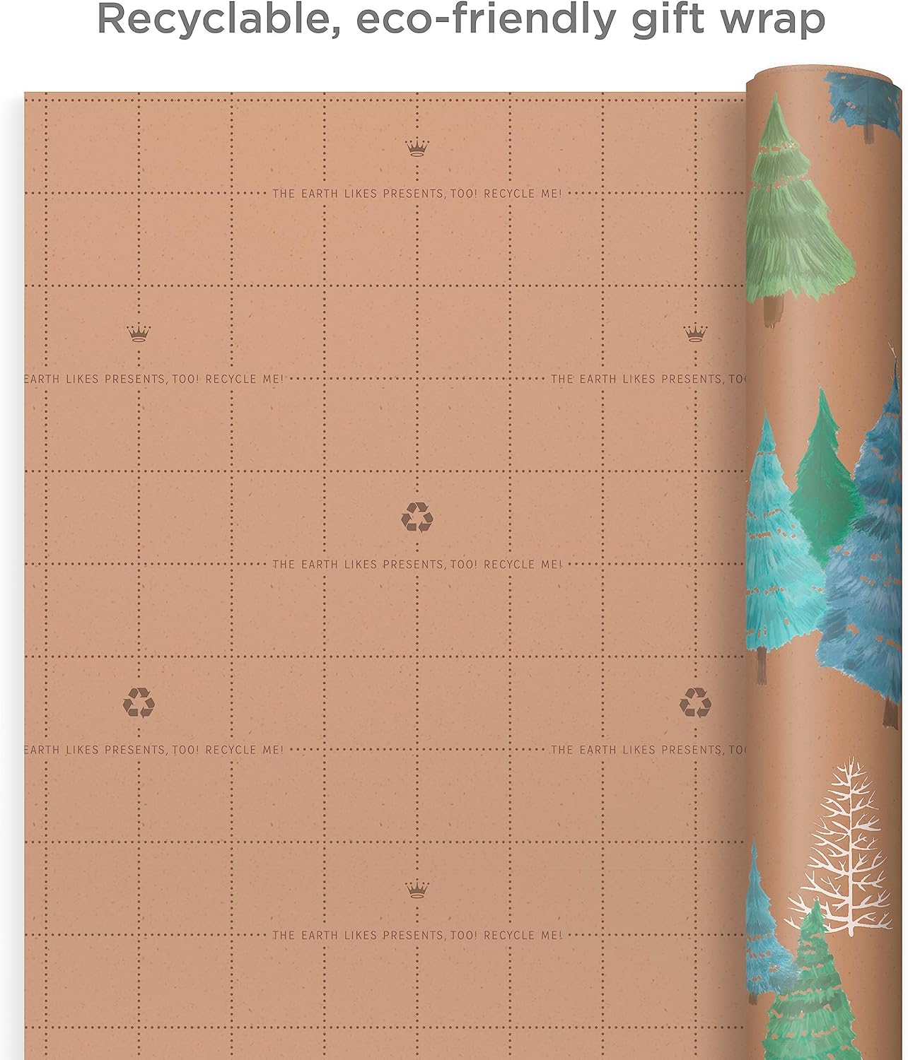 Hallmark Christmas Wrapping Paper Rolls, Brown Kraft Snowflakes, Blue and Green Foliage, Trees Gift Wrap (Pack of 3: 90 sq. ft. ttl.) for Holiday Parties, Winter Weddings, Birthdays