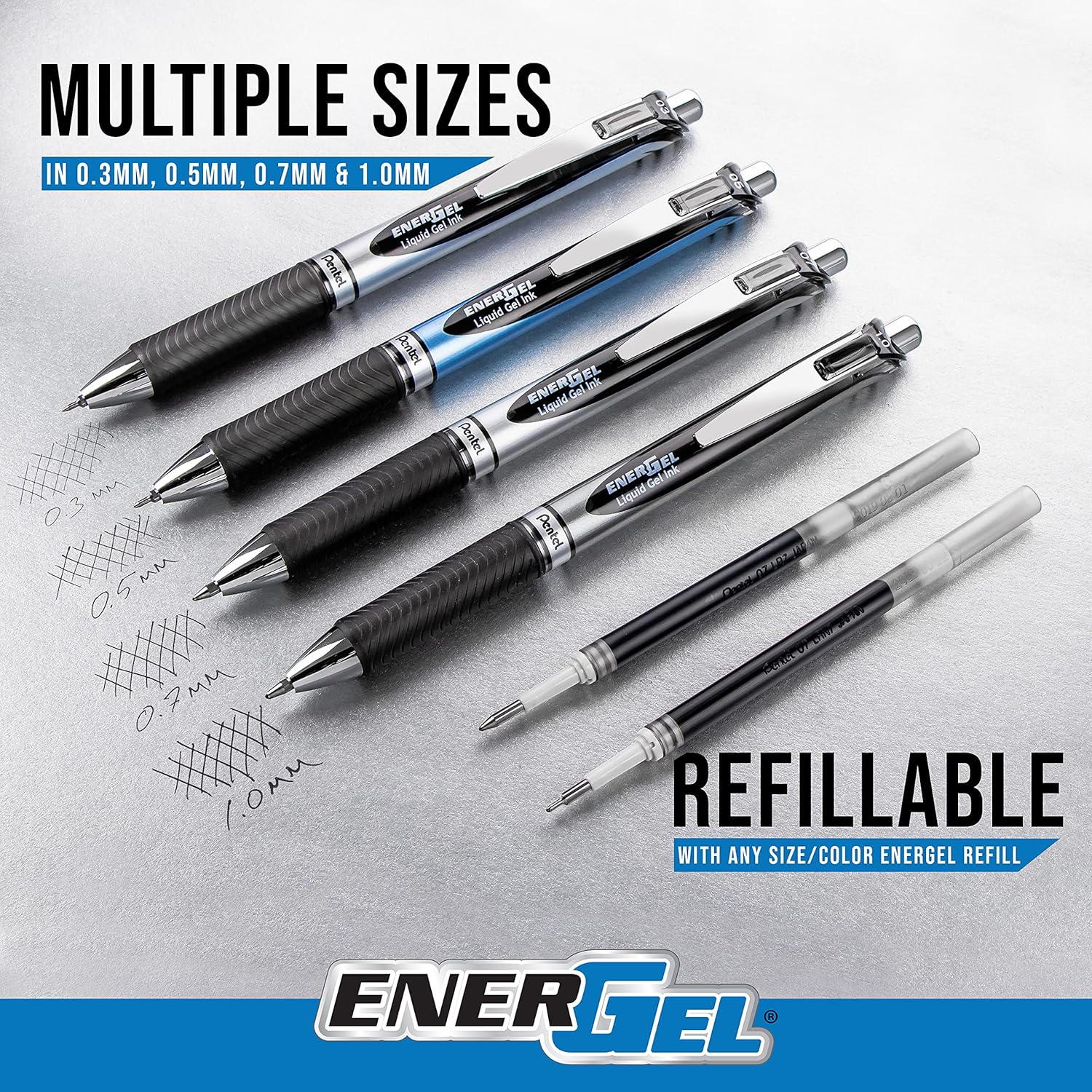 Pentel EnerGel Retractable Liquid Gel Pens, Medium Point, 0.7 mm, Silver Barrel, 12 Black Ink pens, the Ultimate writing pens, the Best Writing Pens for office, school and journaling, Pack of 12