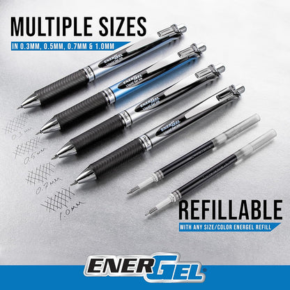 Pentel EnerGel Retractable Liquid Gel Pens, Medium Point, 0.7 mm, Silver Barrel, 12 Black Ink pens, the Ultimate writing pens, the Best Writing Pens for office, school and journaling, Pack of 12