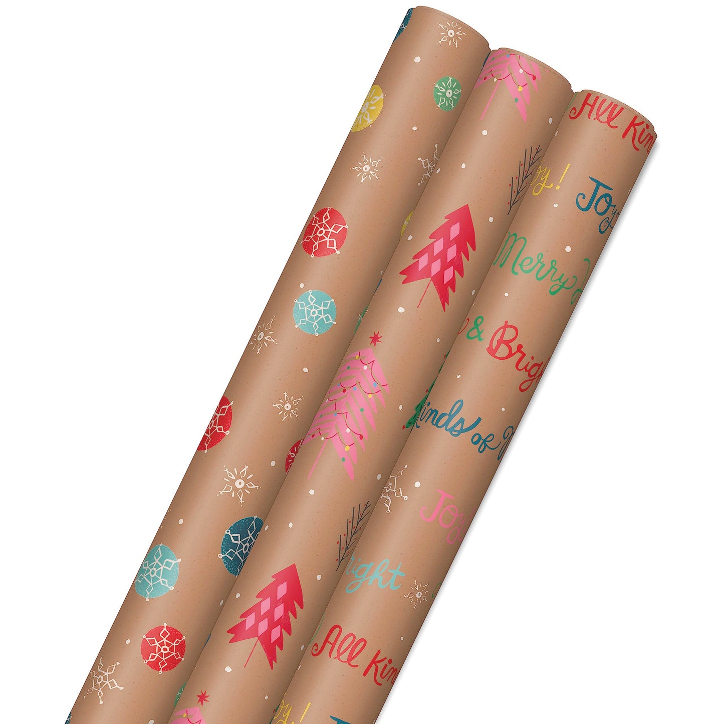 Hallmark Christmas Wrapping Paper Rolls, Brown Kraft Snowflakes, Blue and Green Foliage, Trees Gift Wrap (Pack of 3: 90 sq. ft. ttl.) for Holiday Parties, Winter Weddings, Birthdays