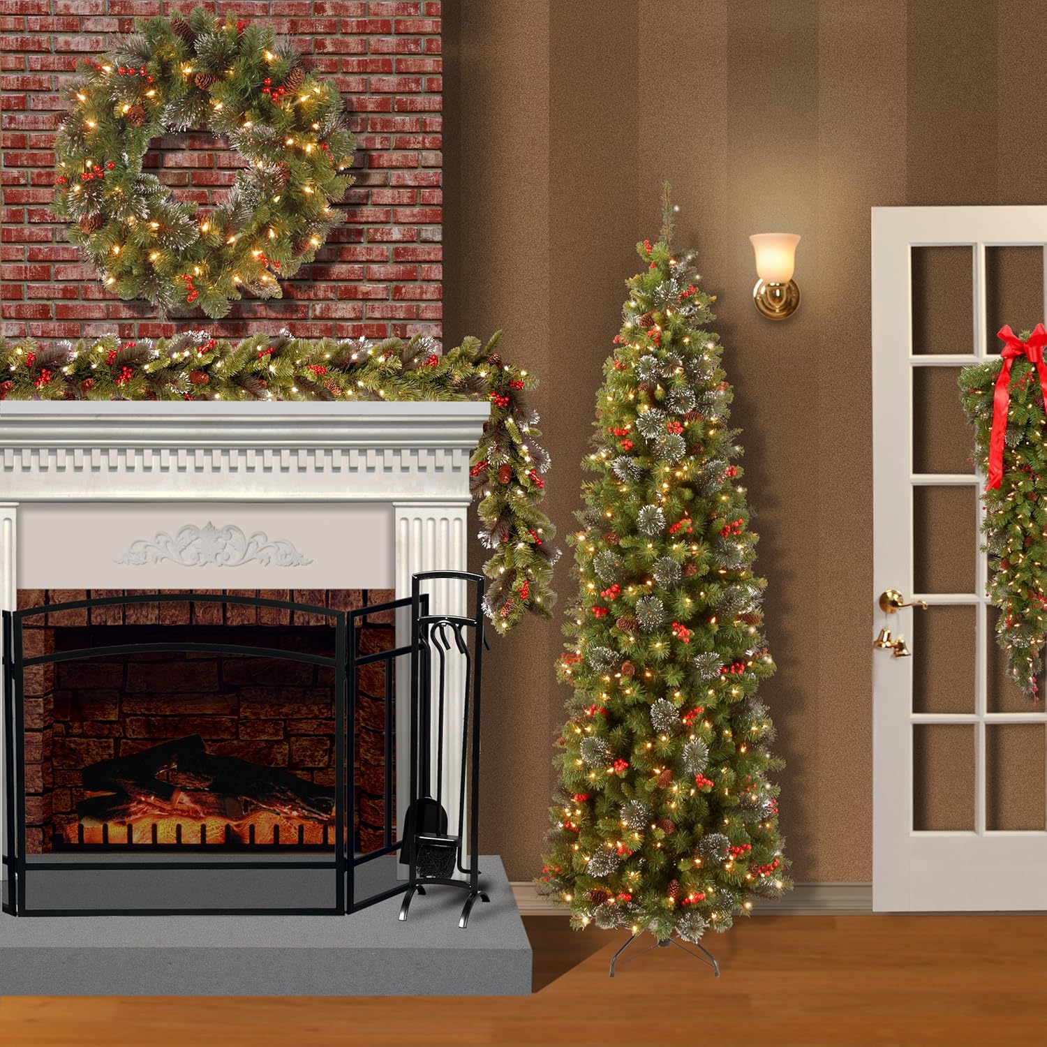 National Tree Company 9 ft Pre-Lit Crestwood Spruce Artificial Christmas Garland, Christmas Decoration with Glitter, Pinecones, Red Berries, 50 Warm White LED Lights, 180 Tips, Timer, Green