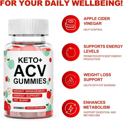 Keto ACV Gummies for Weight Loss, Apple Cider Vinegar 60 Gummies for Women & Men
