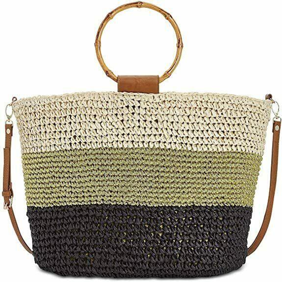 INC International Concepts Willoww Stripe Colorblock Woven Straw Tote
