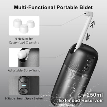 Electric Portable Bidet, Handheld High Pressure Travel Sprayer with 6 Nozzles